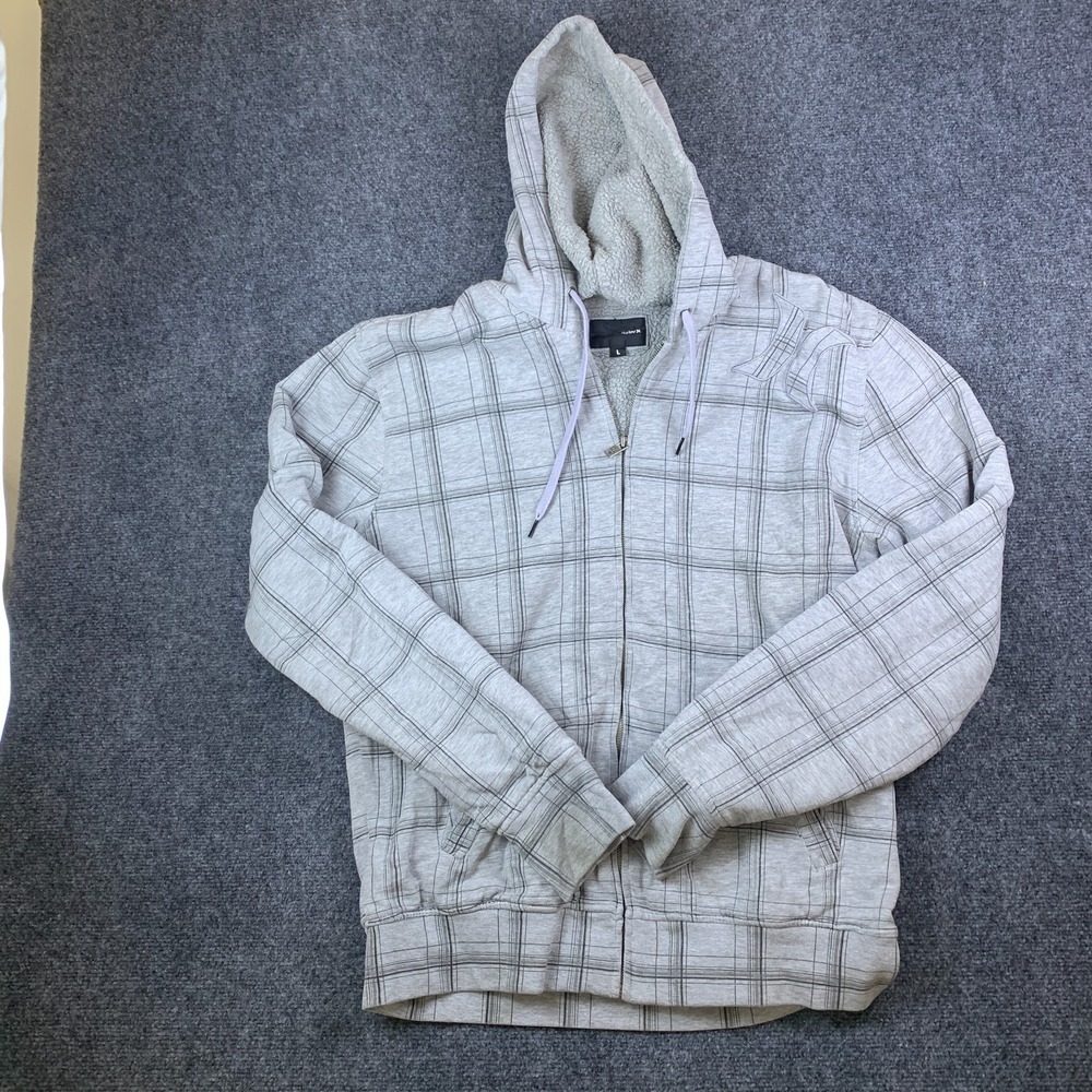 Hurley Hoodie Mens Large Gray Plaid Logo Cotton Sherpa Lined Full Zip Winter